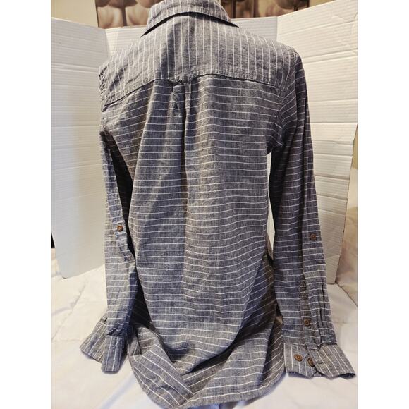 DULUTH TRADING M Organic Cotton Hemp Gray Striped Tunic Shirt Pockets Quite Lux - Picture 3 of 9